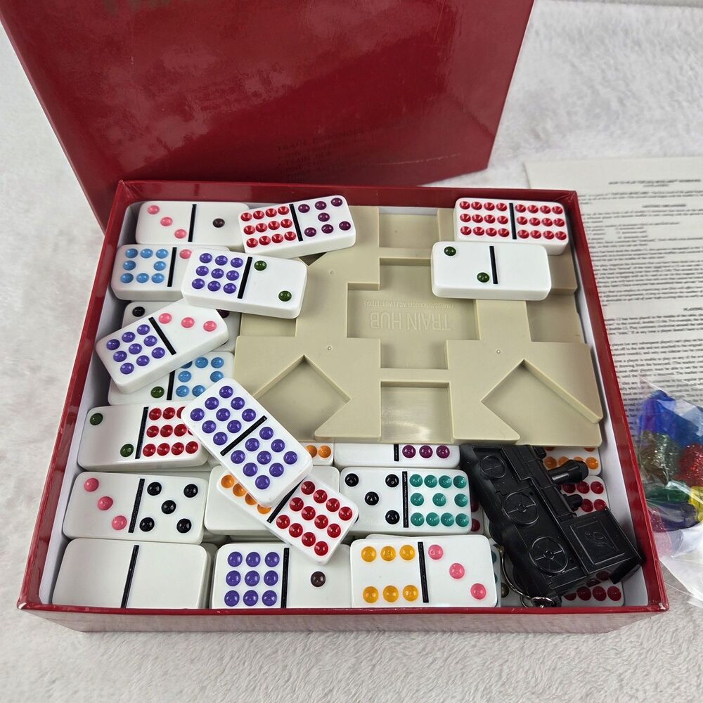 Train Dominoes Set Double 12 Color Dots Game With Train Hub Complete - Picture 3 of 16